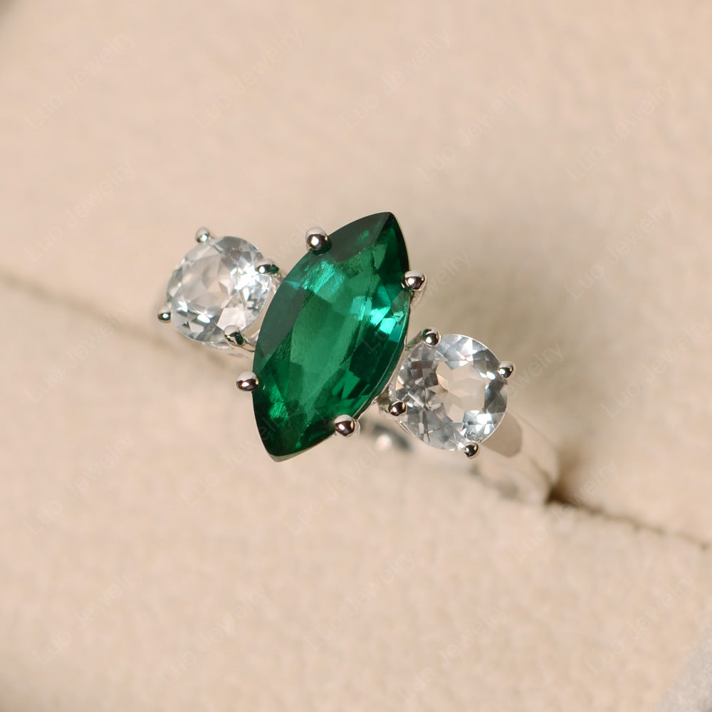 Marquise Cut Three Stone Lab Emerald Wedding Ring - LUO Jewelry