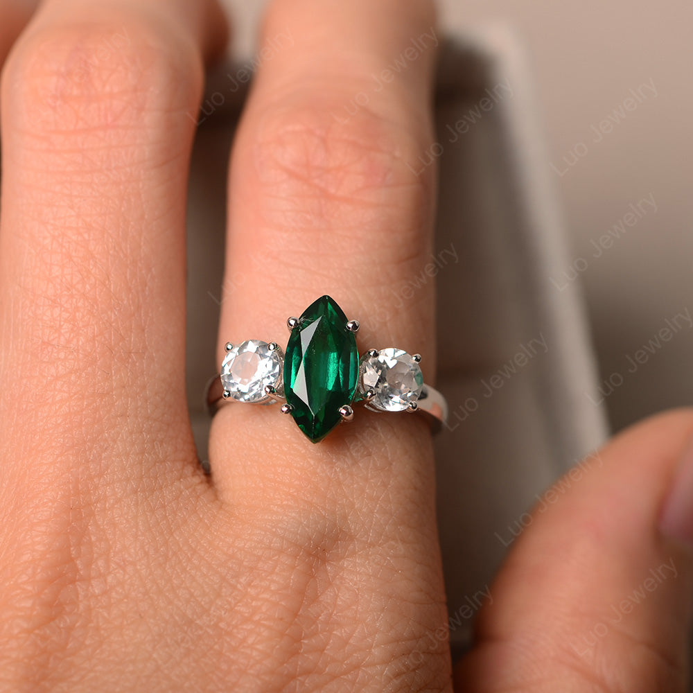 Marquise Cut Three Stone Lab Emerald Wedding Ring - LUO Jewelry