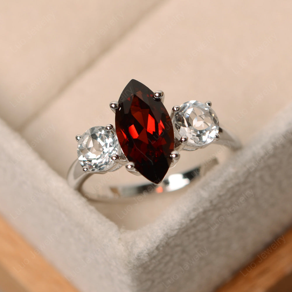 Marquise Cut Three Stone Garnet Wedding Ring - LUO Jewelry