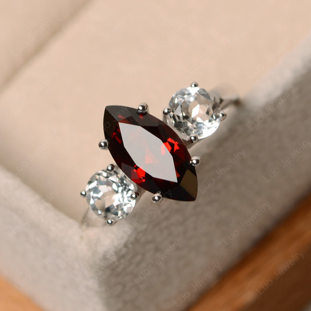 Marquise Cut Three Stone Garnet Wedding Ring - LUO Jewelry