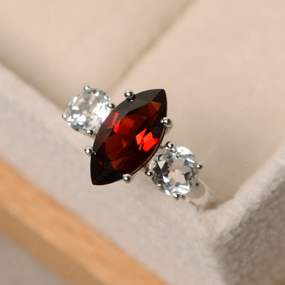 Marquise Cut Three Stone Garnet Wedding Ring - LUO Jewelry