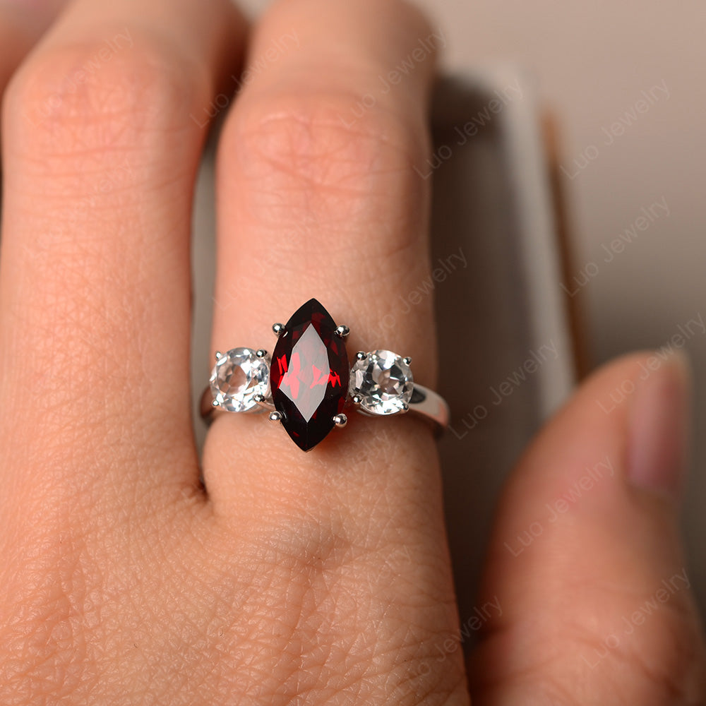 Marquise Cut Three Stone Garnet Wedding Ring - LUO Jewelry