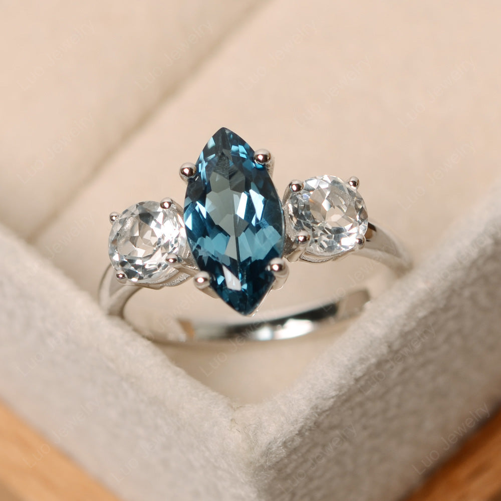 Marquise Cut Three Stone London Blue Topaz Wedding Ring - LUO Jewelry