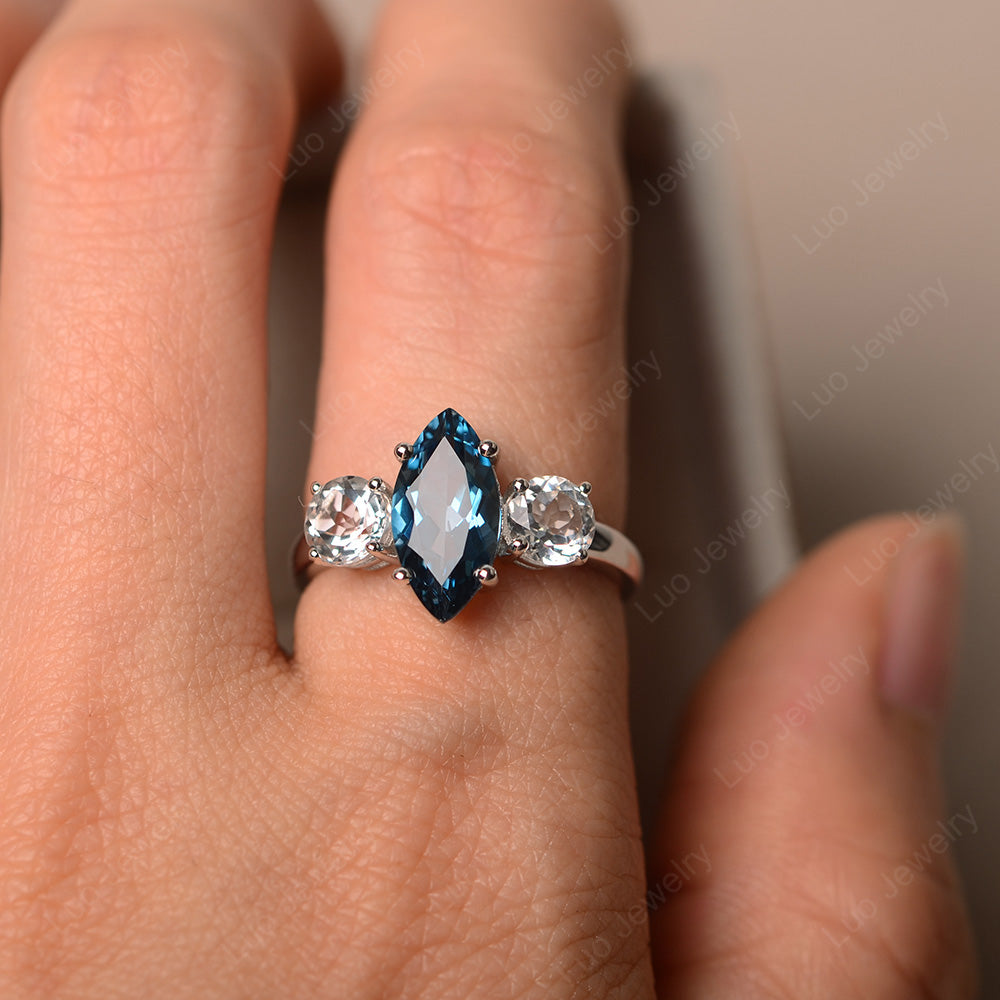 Marquise Cut Three Stone London Blue Topaz Wedding Ring - LUO Jewelry