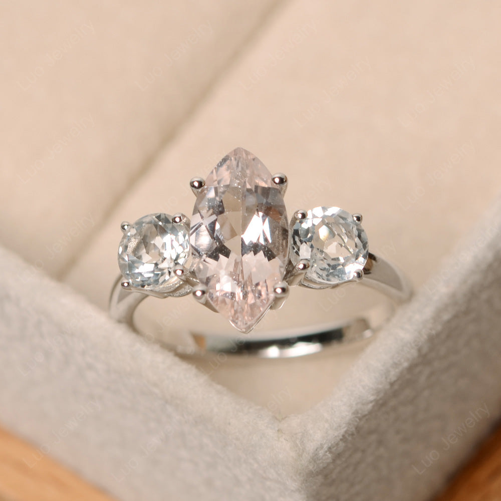 Marquise Cut Three Stone Morganite Wedding Ring - LUO Jewelry