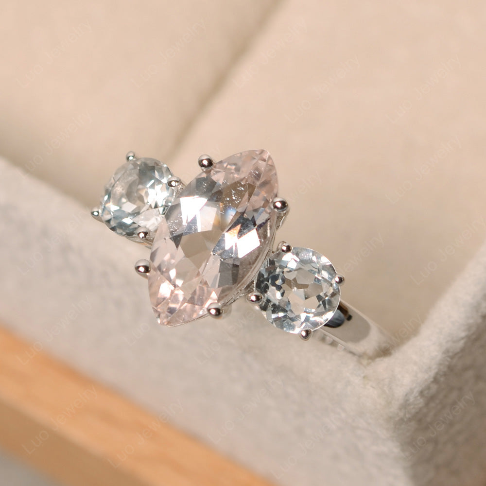 Marquise Cut Three Stone Morganite Wedding Ring - LUO Jewelry