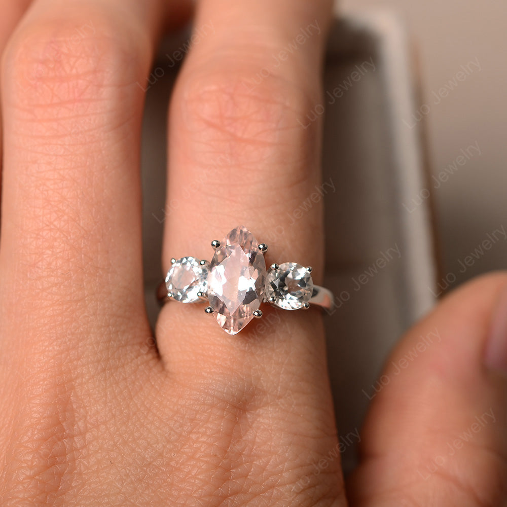 Marquise Cut Three Stone Morganite Wedding Ring - LUO Jewelry