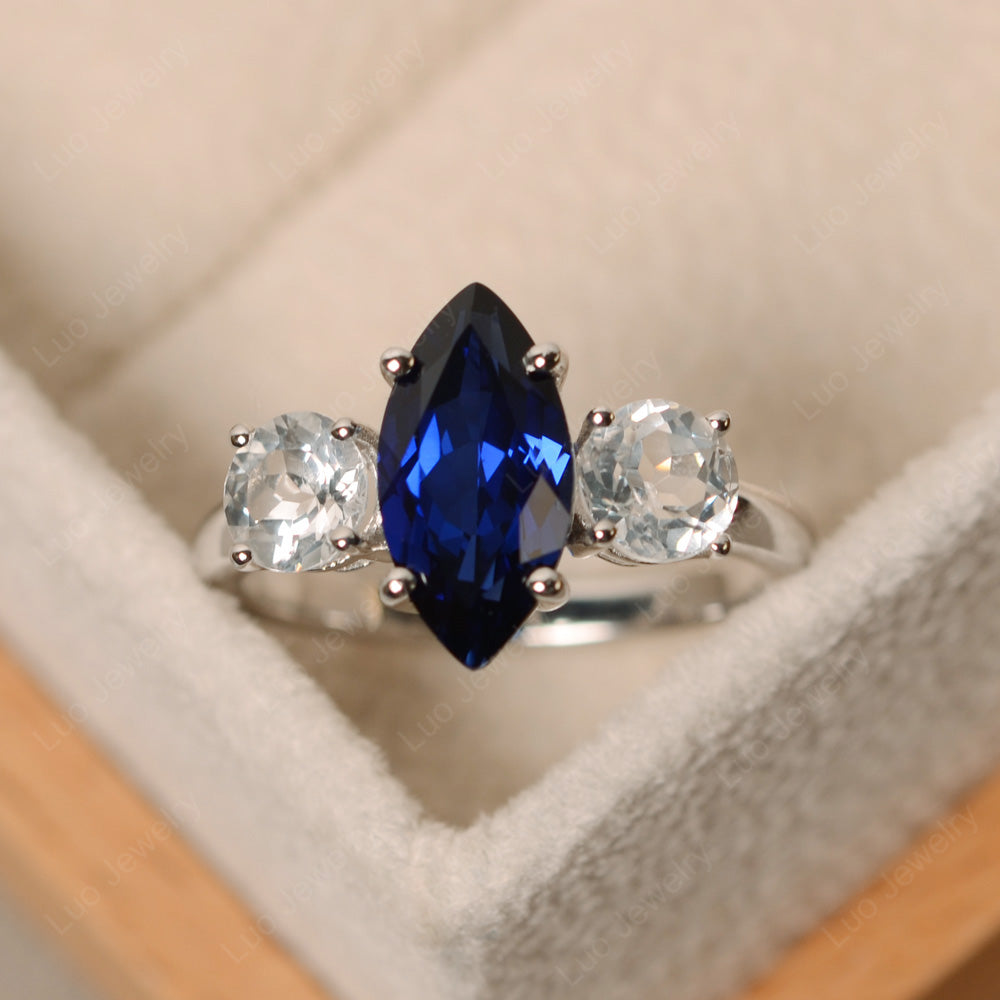 Marquise Cut Three Stone Lab Sapphire Wedding Ring - LUO Jewelry
