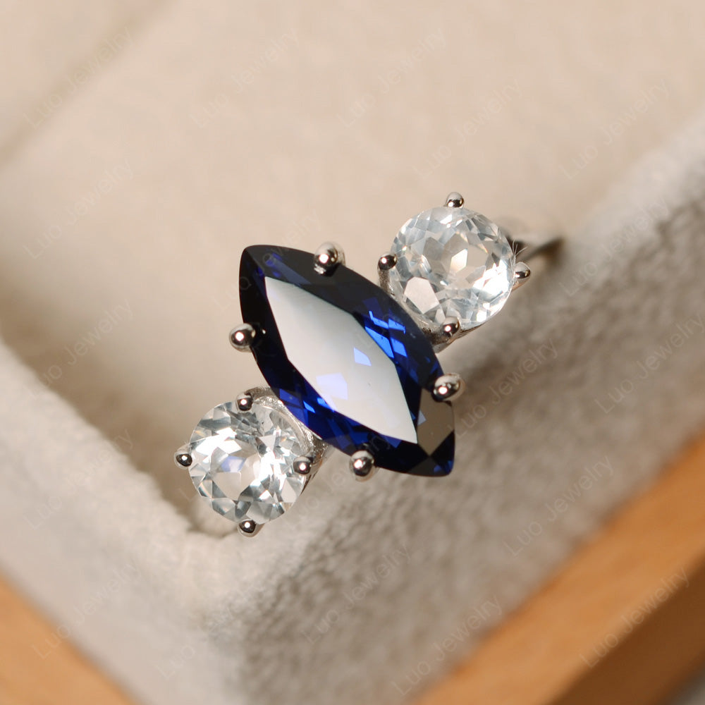 Marquise Cut Three Stone Lab Sapphire Wedding Ring - LUO Jewelry