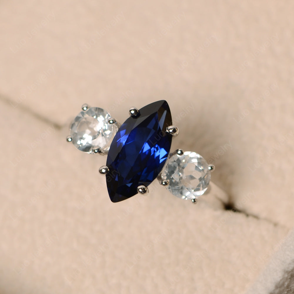 Marquise Cut Three Stone Lab Sapphire Wedding Ring - LUO Jewelry
