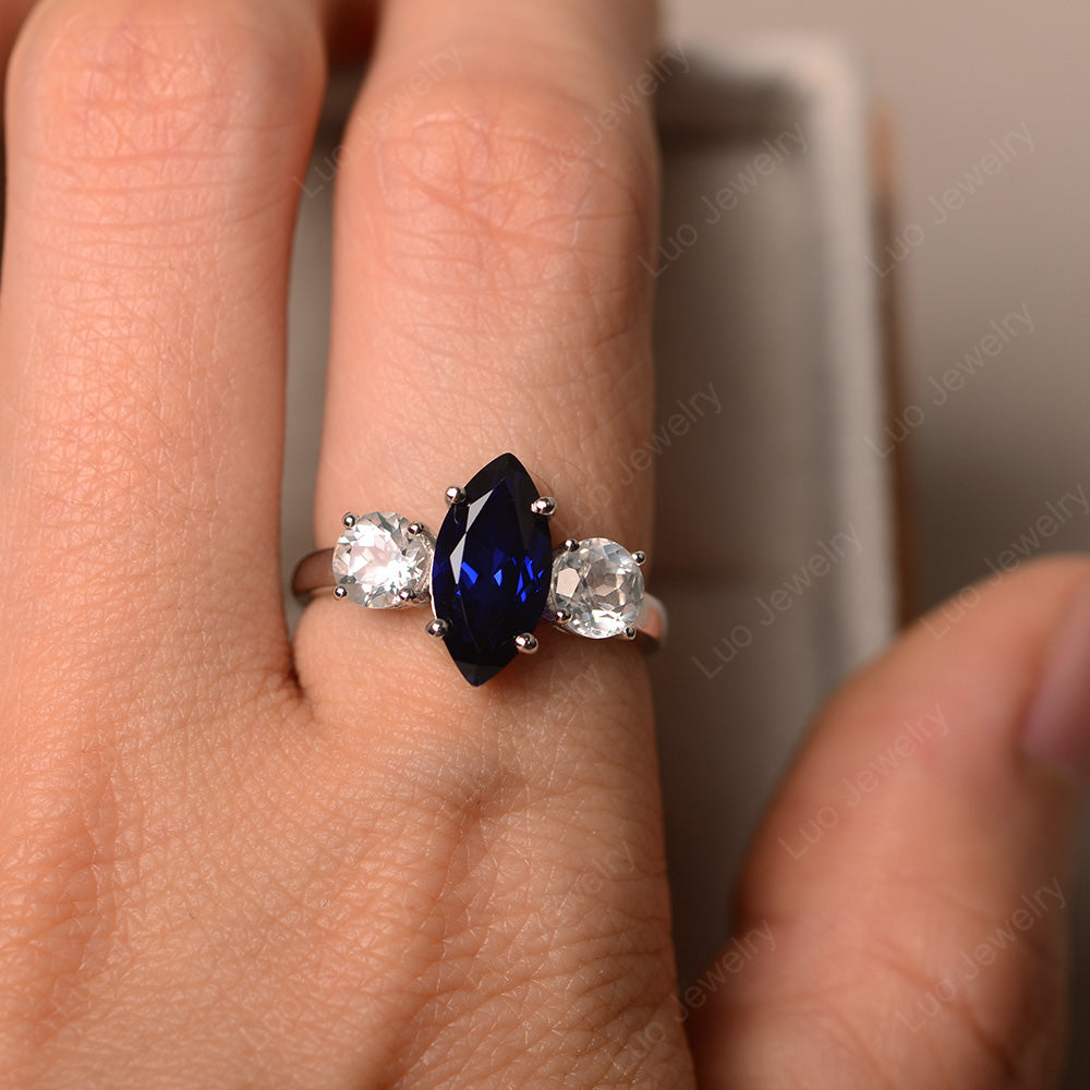 Marquise Cut Three Stone Lab Sapphire Wedding Ring - LUO Jewelry