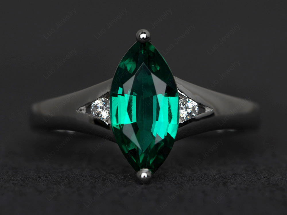 Marquise Cut Split Shank Lab Emerald Ring Silver - LUO Jewelry