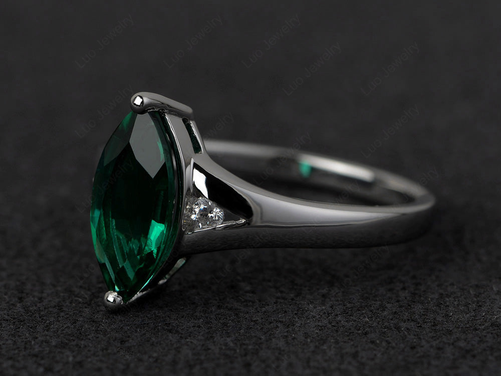 Marquise Cut Split Shank Lab Emerald Ring Silver - LUO Jewelry