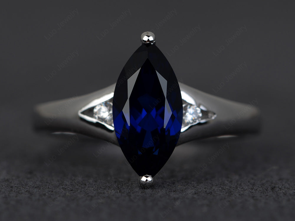 Marquise Cut Split Shank Lab Sapphire Ring Silver - LUO Jewelry