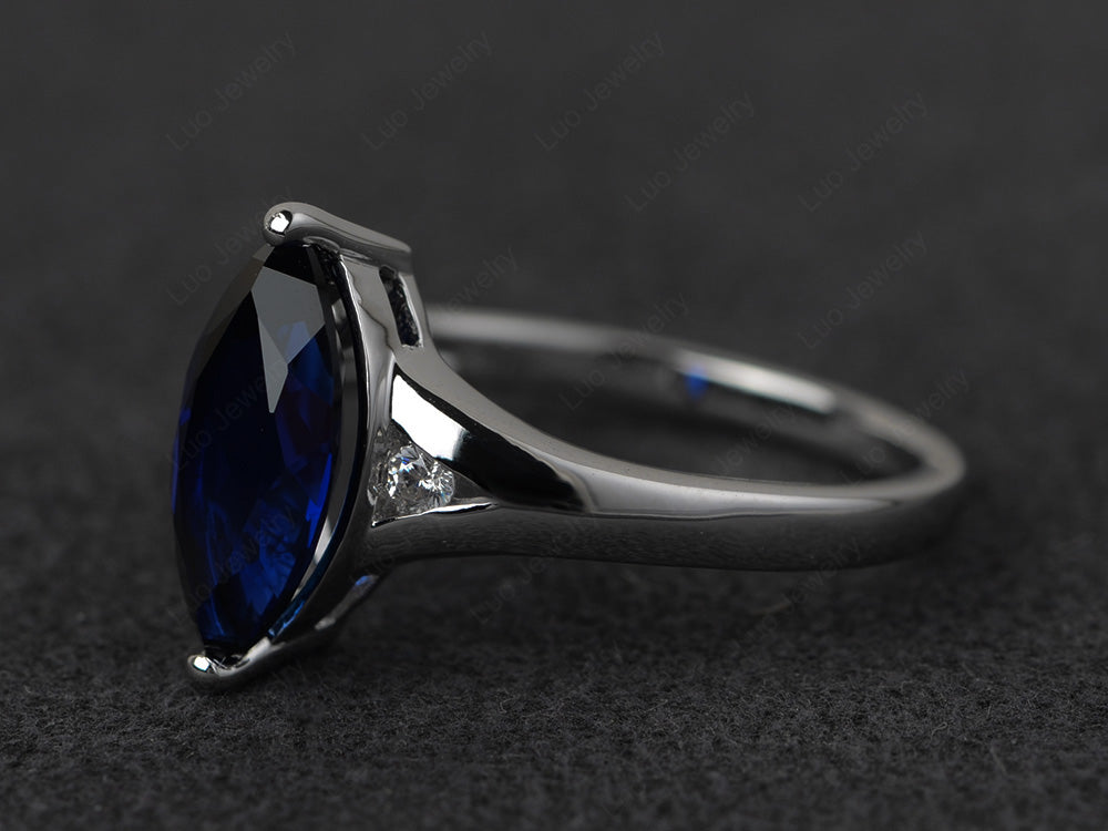 Marquise Cut Split Shank Lab Sapphire Ring Silver - LUO Jewelry