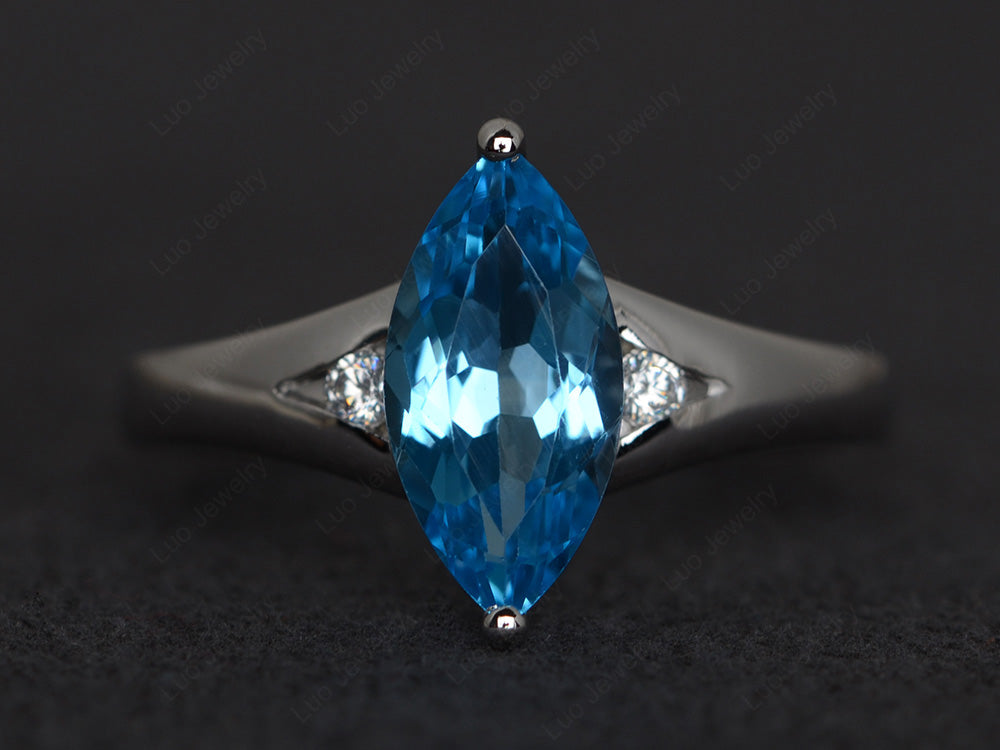 Marquise Cut Split Shank Swiss Blue Topaz Ring Silver - LUO Jewelry