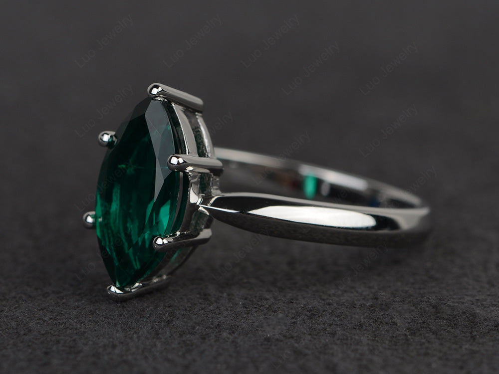 Lab Emerald Solitaire Ring Marquise Cut White Gold - LUO Jewelry