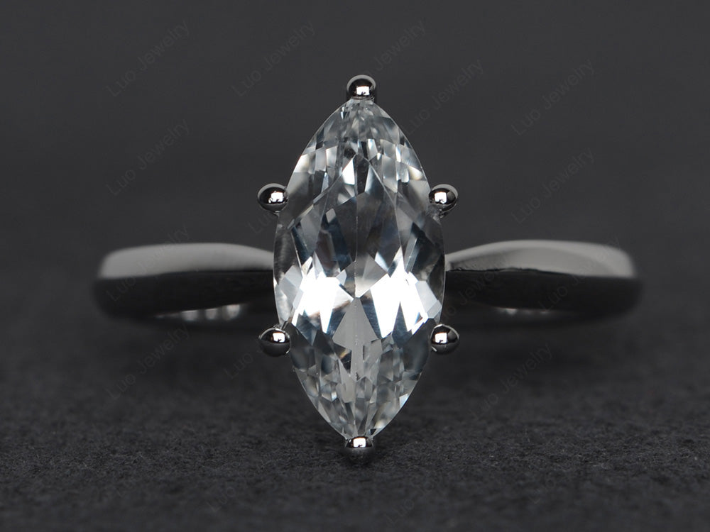 White Topaz Solitaire Ring Marquise Cut White Gold - LUO Jewelry