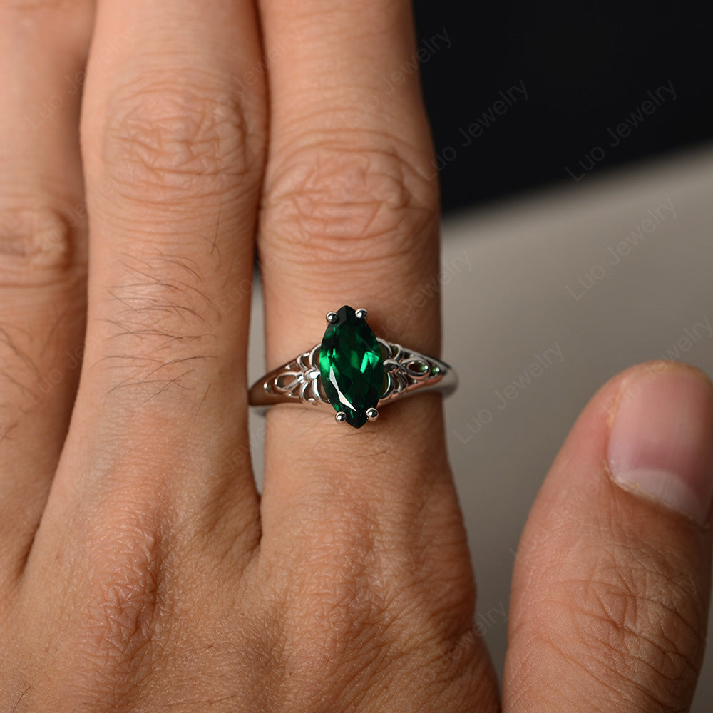 Large Marquise Cut Lab Emerald Solitaire Ring - LUO Jewelry