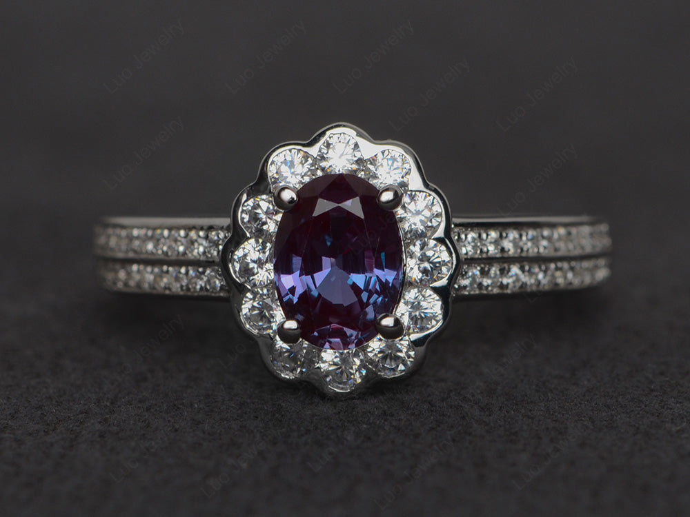 Oval Cut Alexandrite Flower Engagement Ring - LUO Jewelry