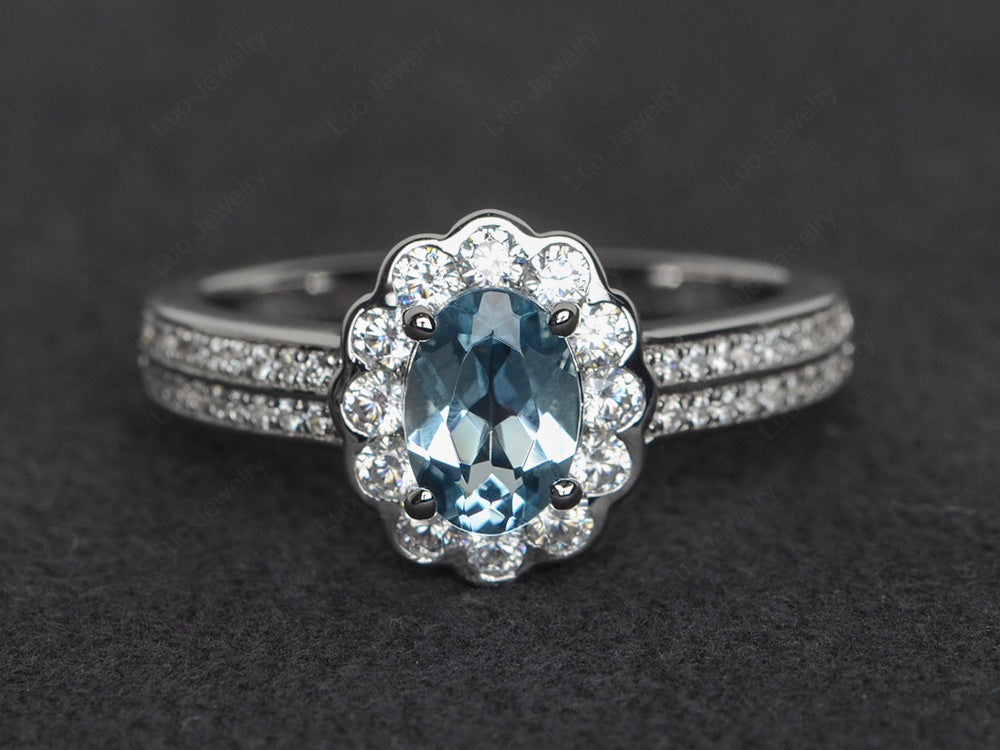 Oval Cut Aquamarine Flower Engagement Ring - LUO Jewelry