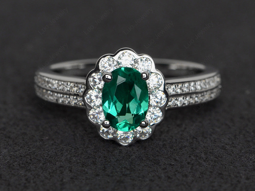 Oval Cut Lab Emerald Flower Engagement Ring - LUO Jewelry
