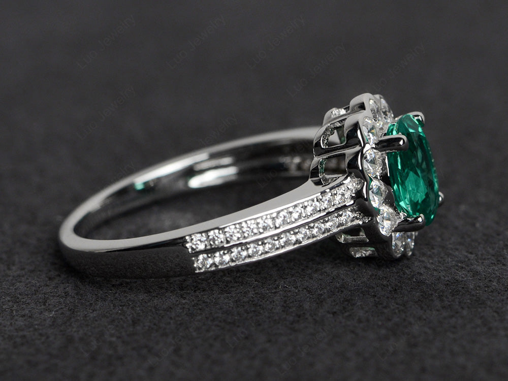 Oval Cut Lab Emerald Flower Engagement Ring - LUO Jewelry