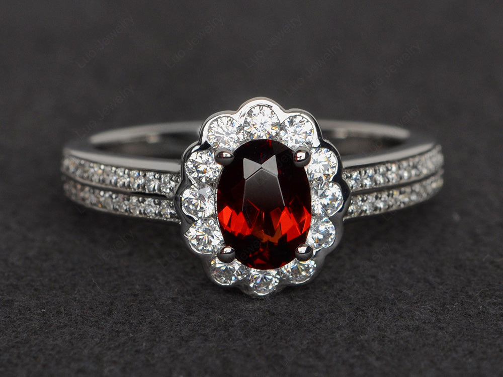 Oval Cut Garnet Flower Engagement Ring - LUO Jewelry