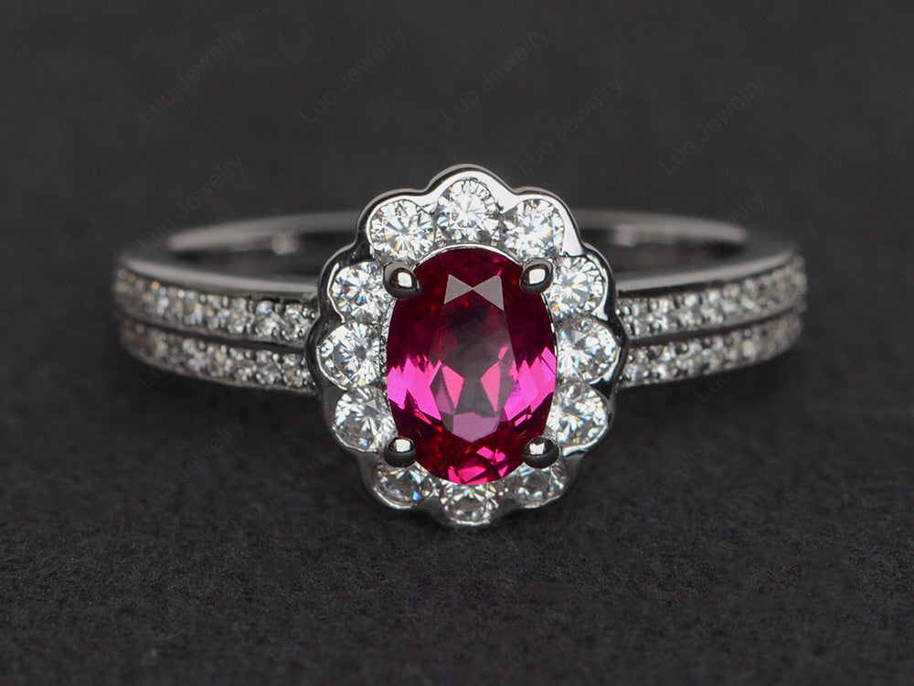 Oval Cut Ruby Flower Engagement Ring - LUO Jewelry