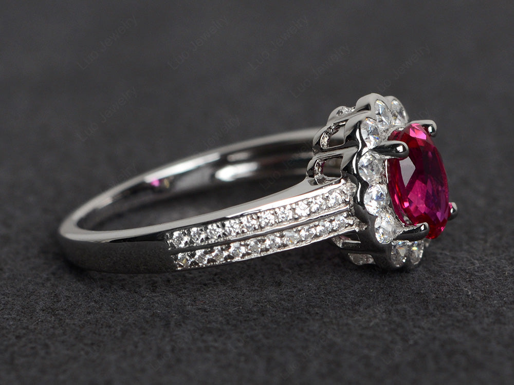 Oval Cut Ruby Flower Engagement Ring - LUO Jewelry