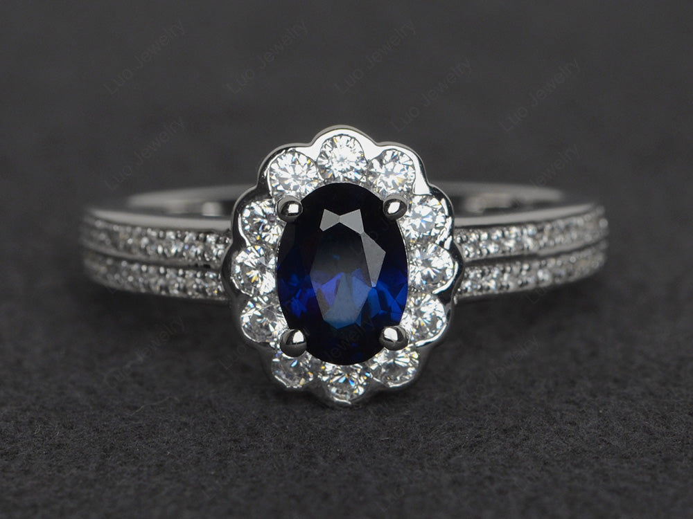 Oval Cut Lab Sapphire Flower Engagement Ring - LUO Jewelry