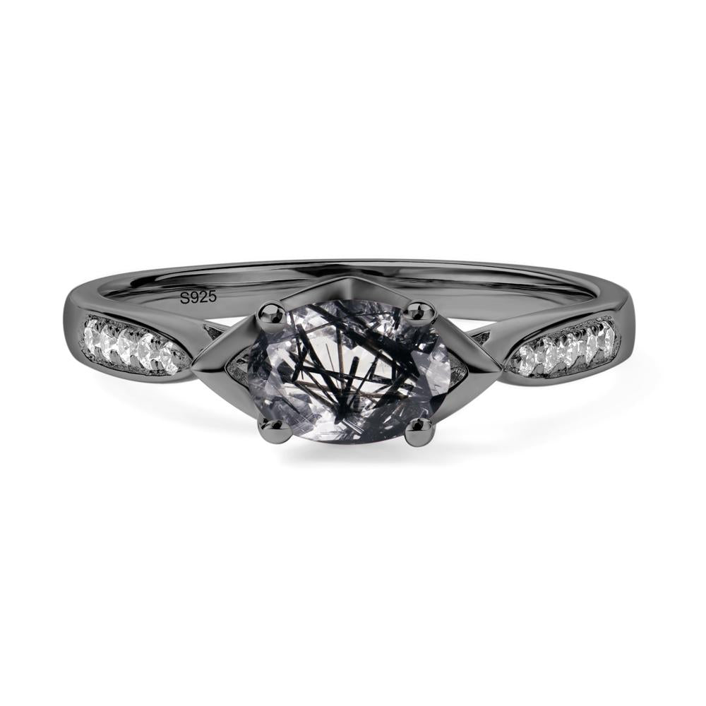Petite Oval Horizontal Black Rutilated Quartz Ring - LUO Jewelry #metal_black finish sterling silver