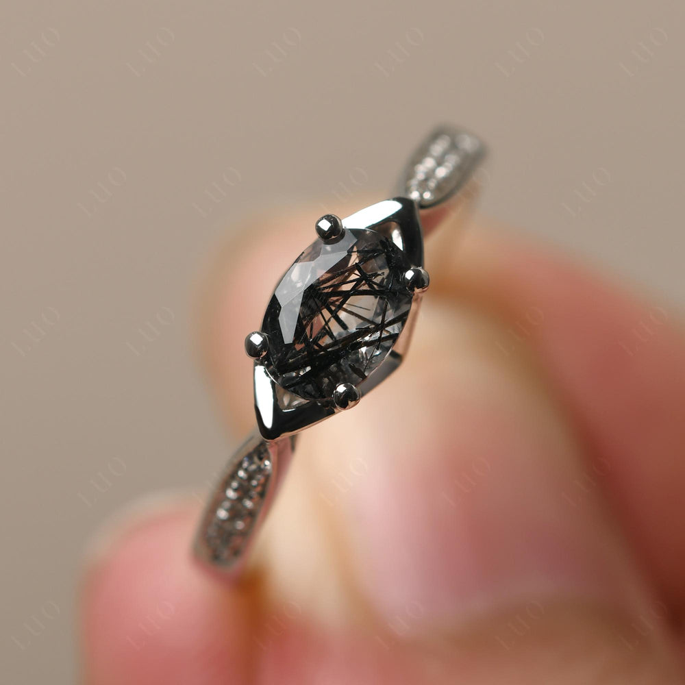 Vintage Black Rutilated Quartz Ring Oval Cut East West Gold - LUO Jewelry