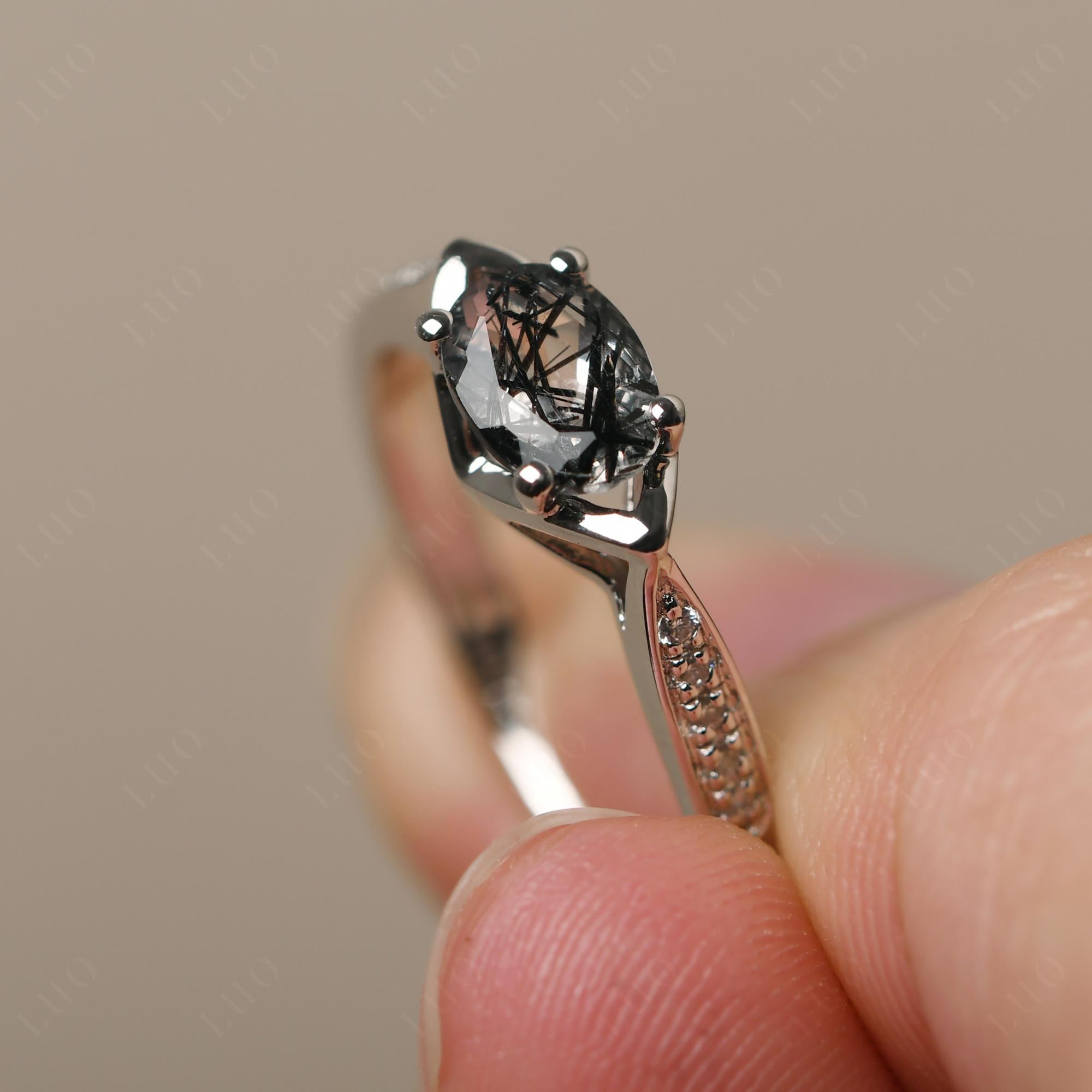 Petite Oval Horizontal Black Rutilated Quartz Ring - LUO Jewelry
