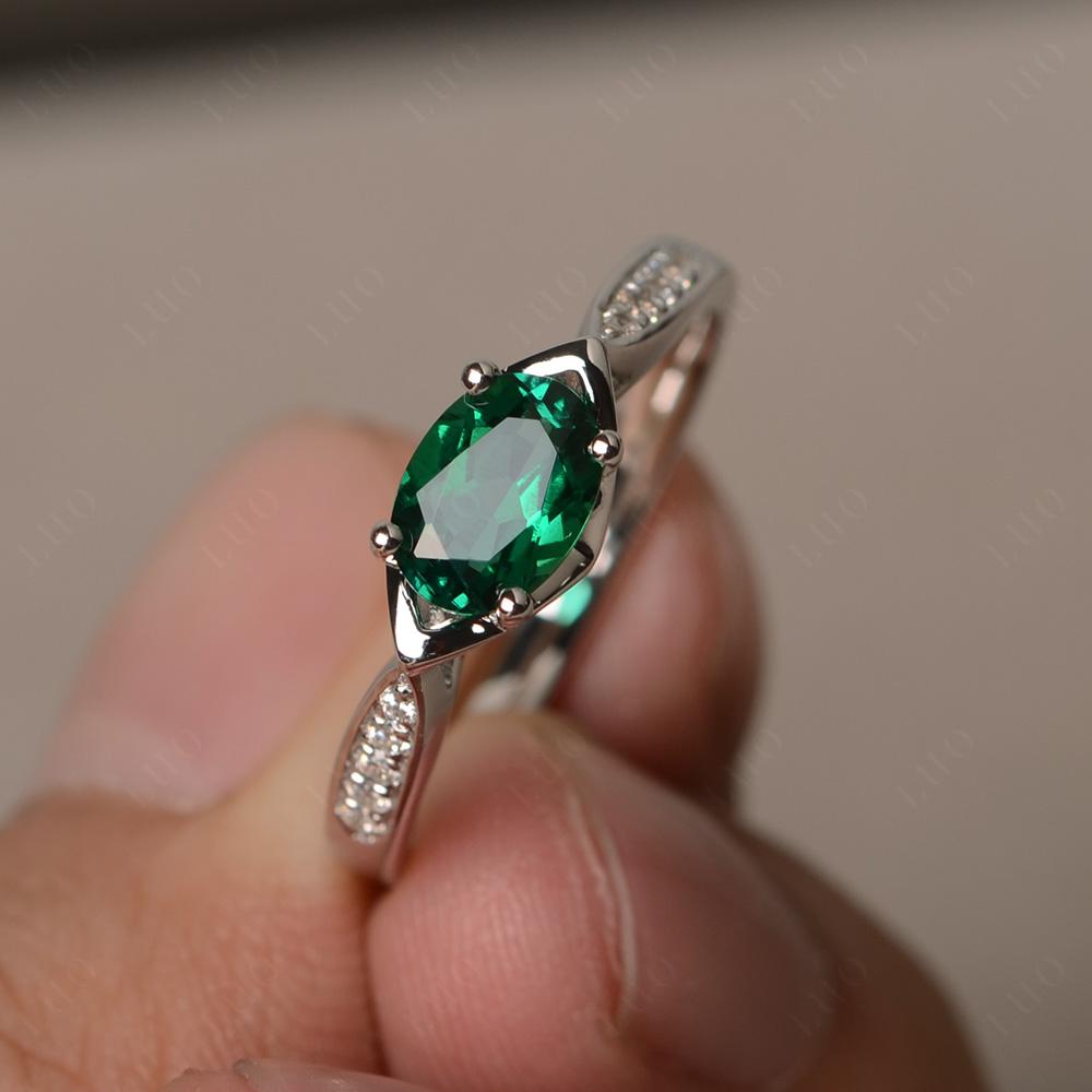 Petite Oval Horizontal Lab Grown Emerald Ring - LUO Jewelry