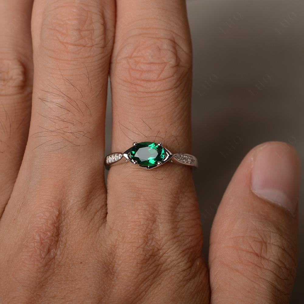 Petite Oval Horizontal Lab Grown Emerald Ring - LUO Jewelry