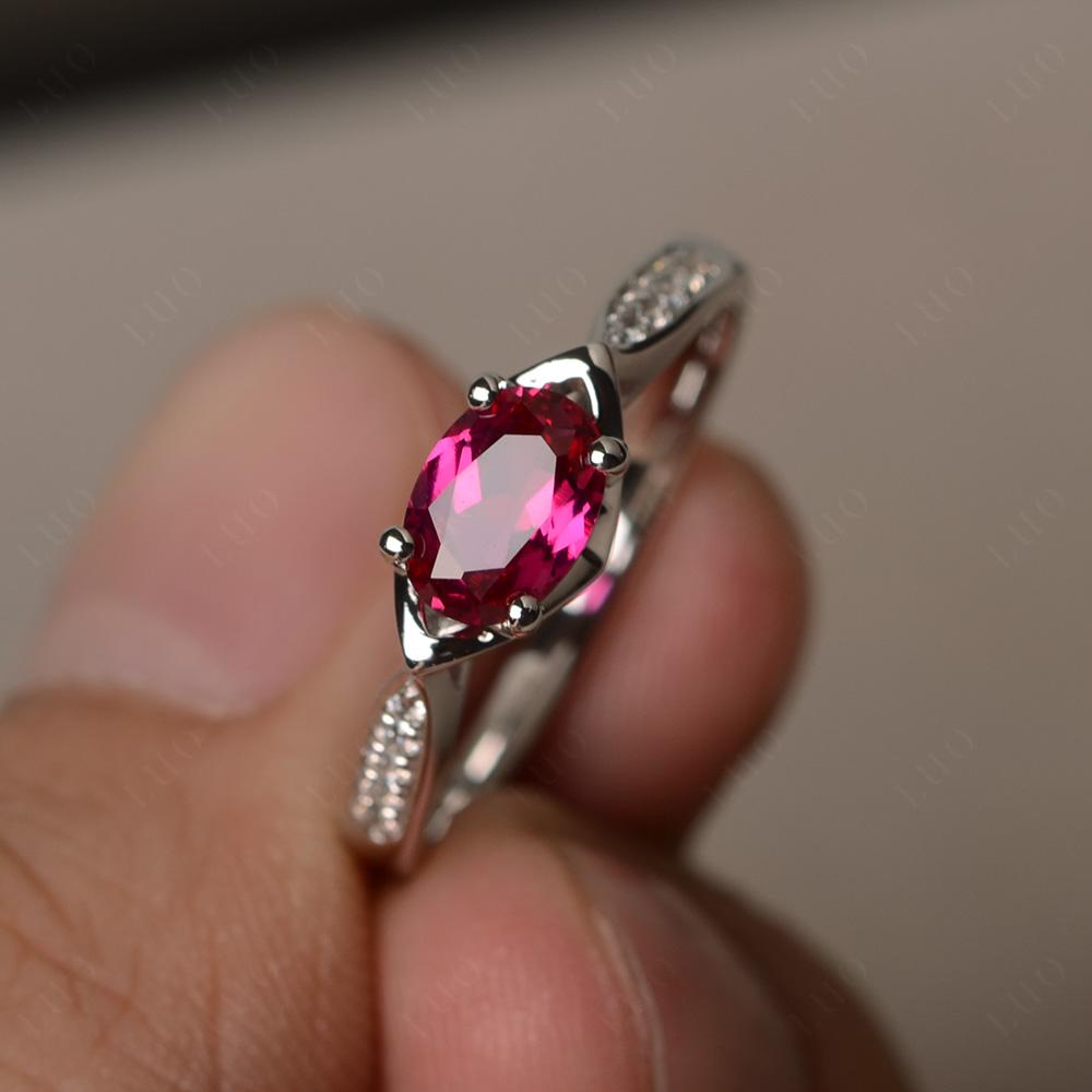 Petite Oval Horizontal Lab Created Ruby Ring - LUO Jewelry