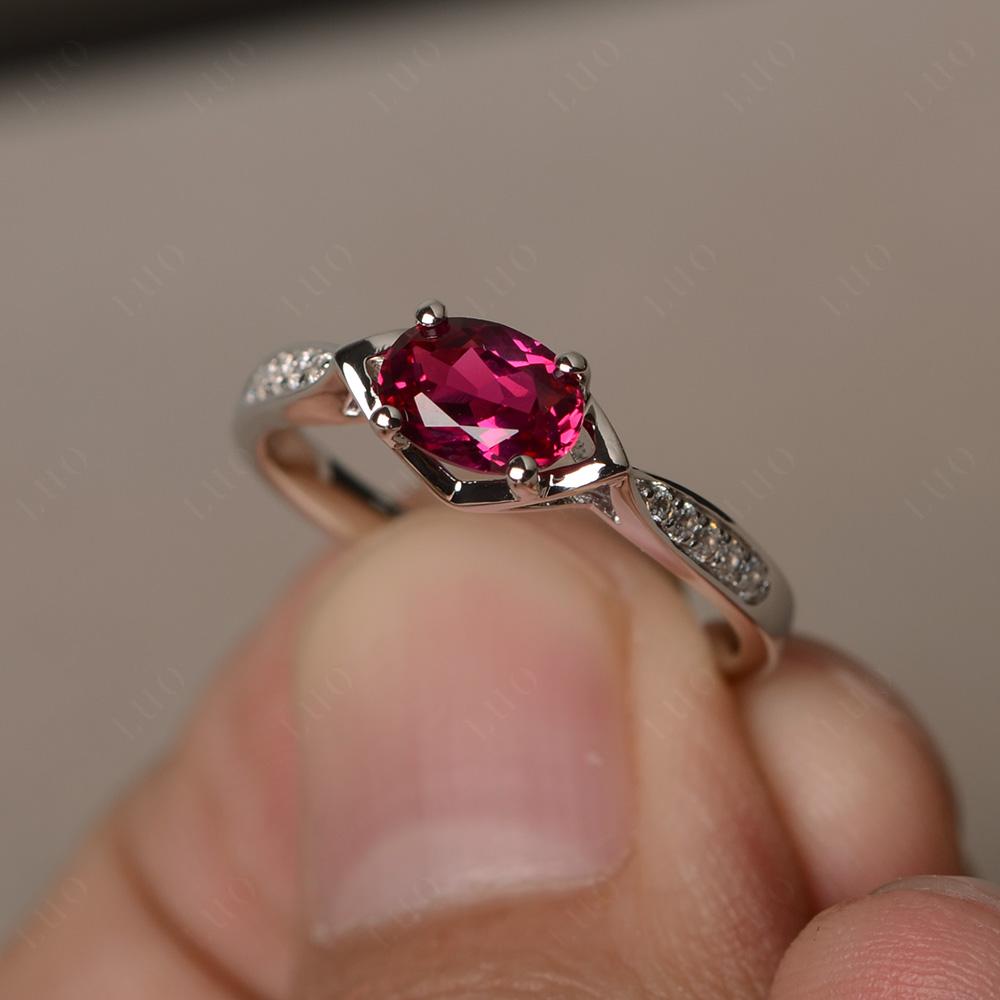 Petite Oval Horizontal Lab Created Ruby Ring - LUO Jewelry