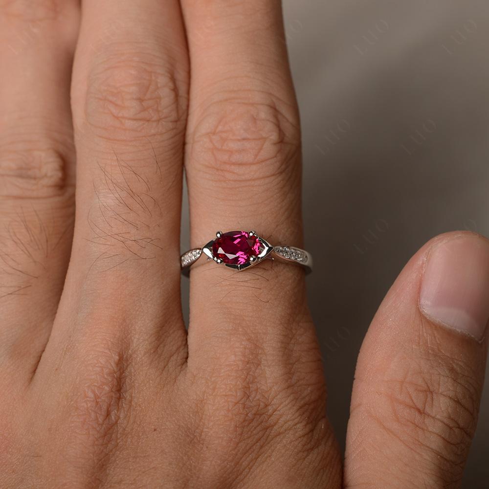 Petite Oval Horizontal Lab Created Ruby Ring - LUO Jewelry