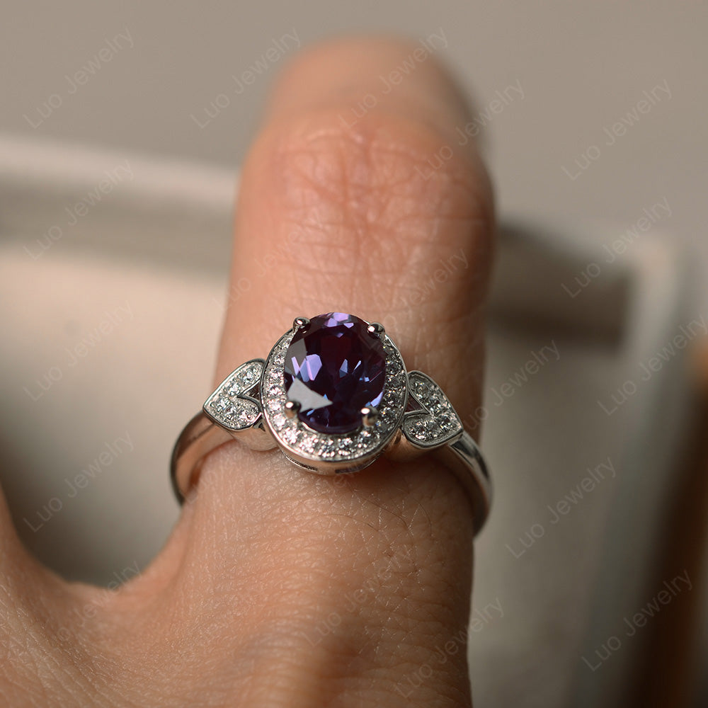 Oval Cut Alexandrite Halo Engagement Ring - LUO Jewelry