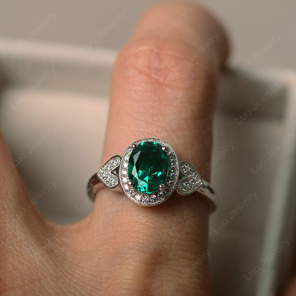 Oval Cut Lab Emerald Halo Engagement Ring - LUO Jewelry