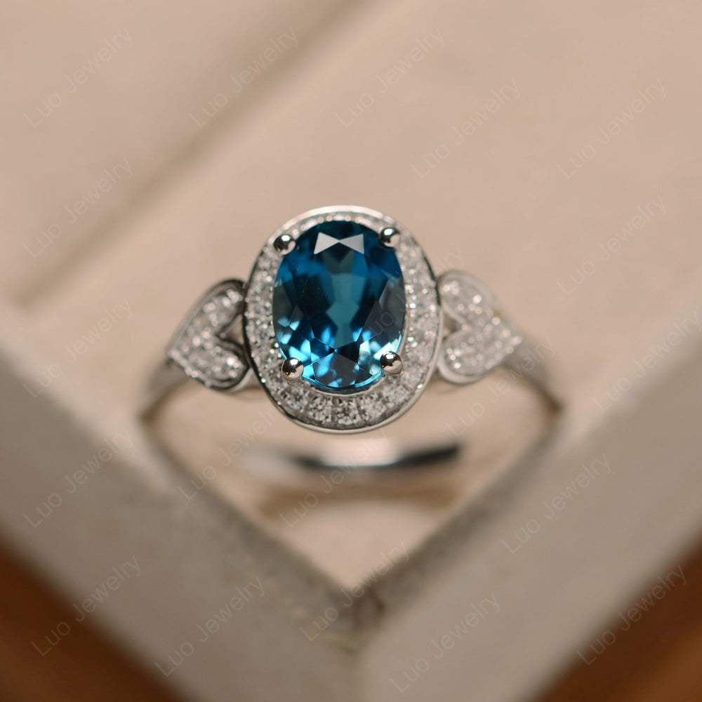 Oval Cut London Blue Topaz Halo Engagement Ring - LUO Jewelry