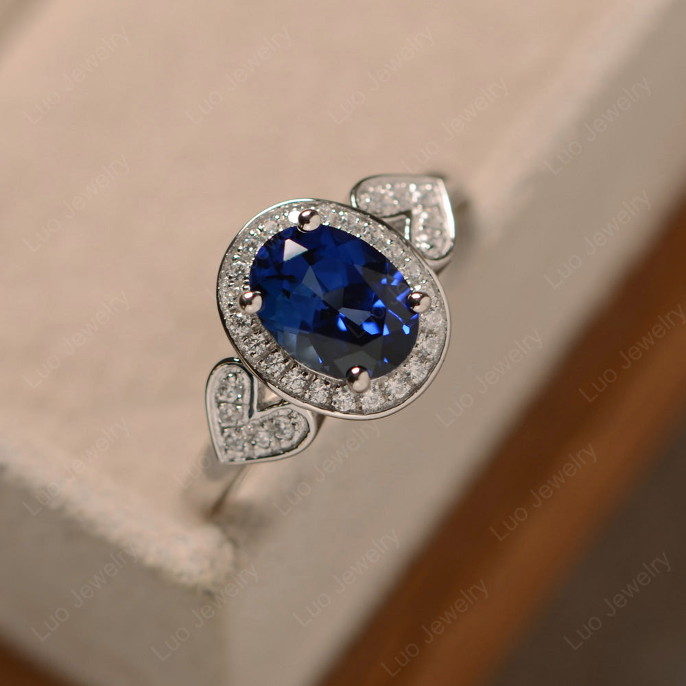 Oval Cut Lab Sapphire Halo Engagement Ring - LUO Jewelry
