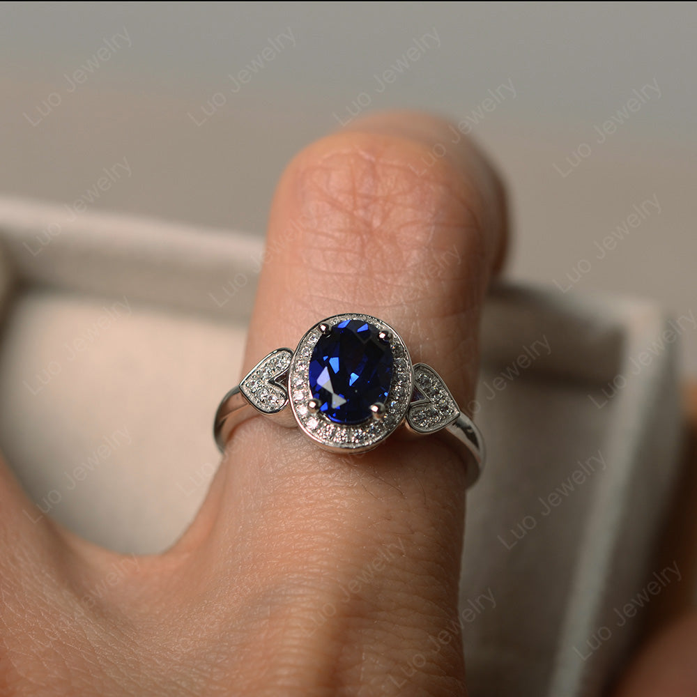Oval Cut Lab Sapphire Halo Engagement Ring - LUO Jewelry