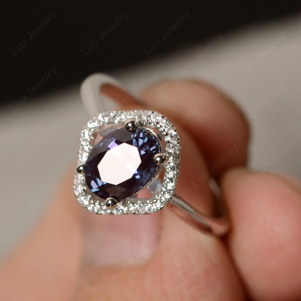 Oval Alexandrite Flower Halo Engagement Ring - LUO Jewelry