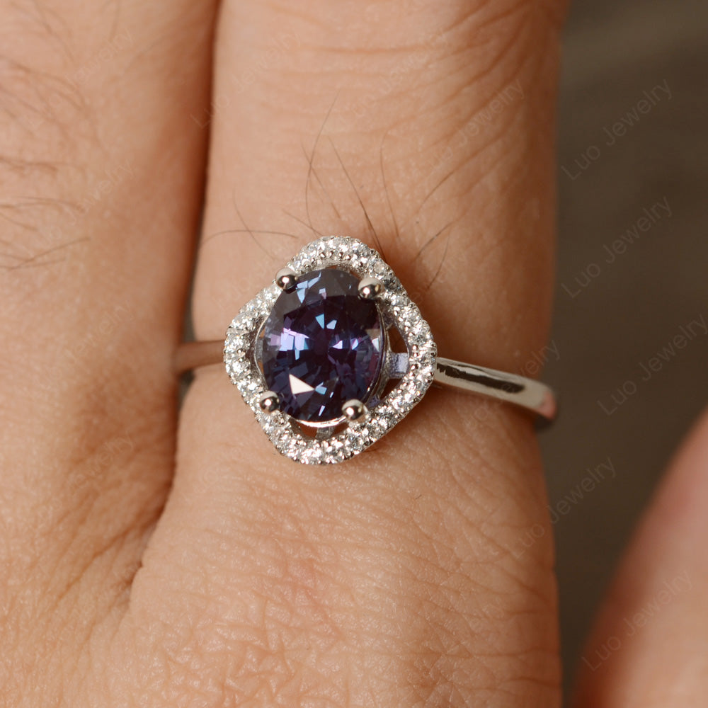 Oval Alexandrite Flower Halo Engagement Ring - LUO Jewelry
