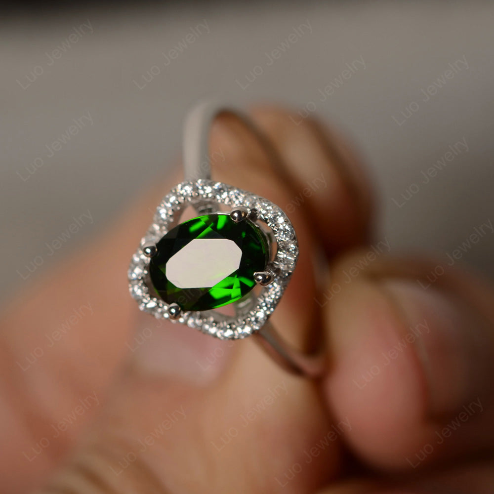 Oval Diopside Flower Halo Engagement Ring - LUO Jewelry