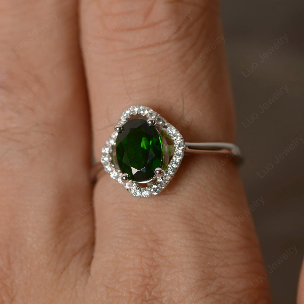 Oval Diopside Flower Halo Engagement Ring - LUO Jewelry