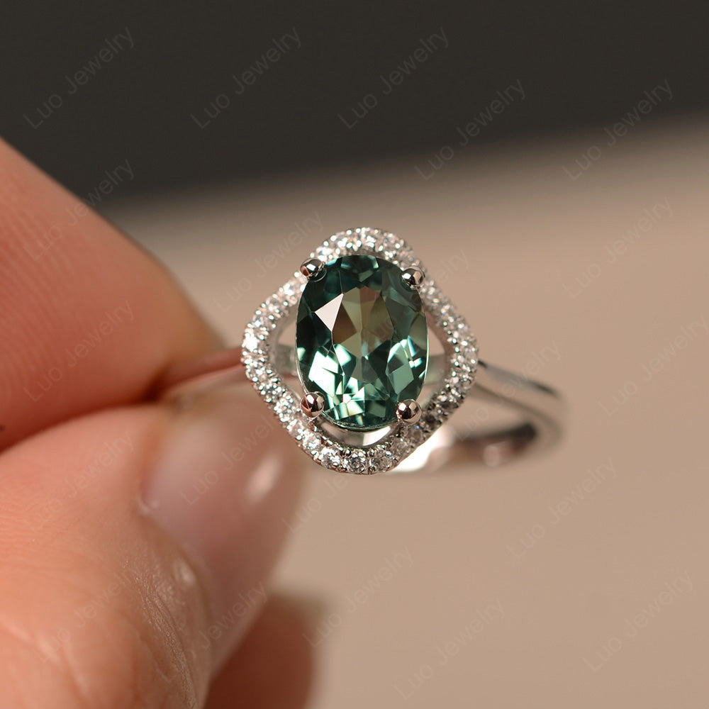 Oval Green Sapphire Flower Halo Engagement Ring - LUO Jewelry