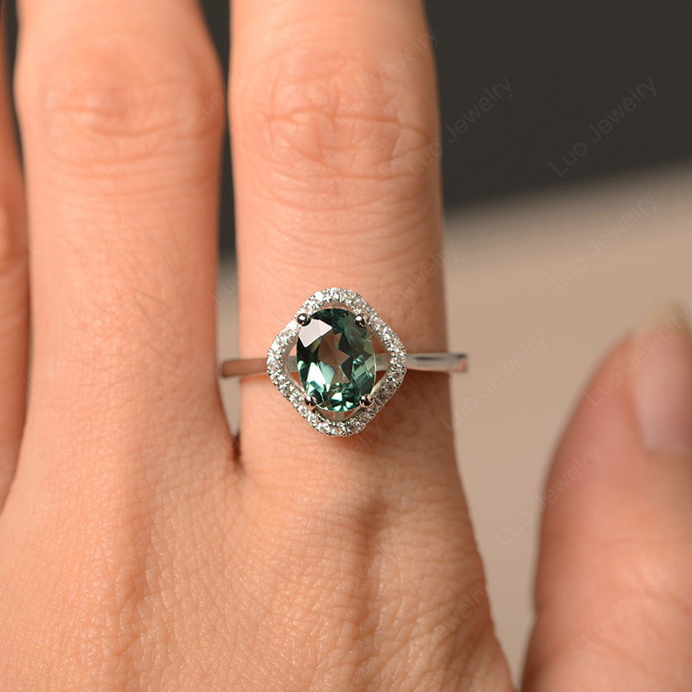 Oval Green Sapphire Flower Halo Engagement Ring - LUO Jewelry